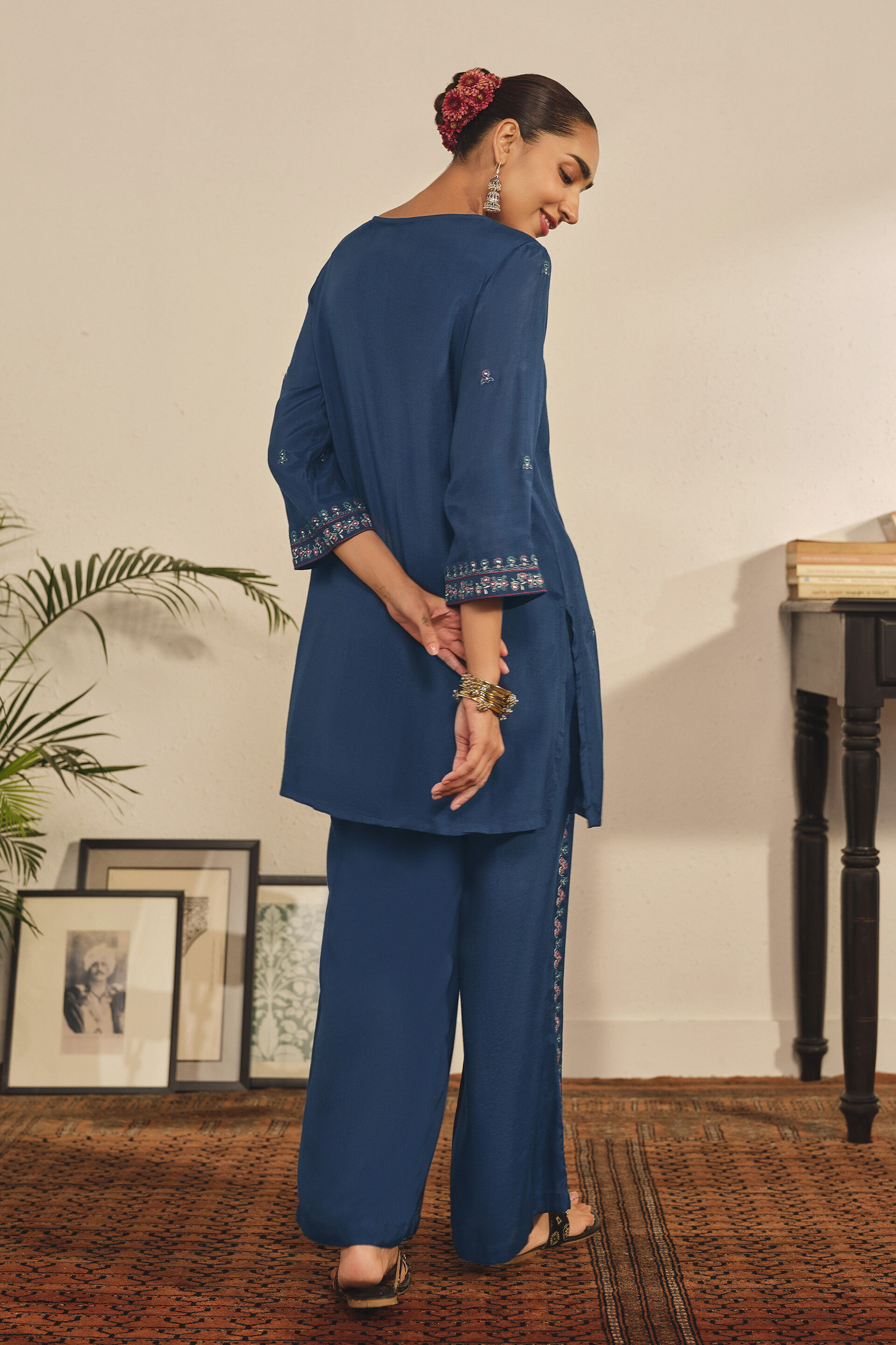 Embroidered Kurta Set in Indigo, Indigo, image 4
